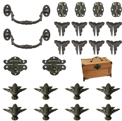 MOROBOR Jewelry Box Antique Lock Latch Hasp Hinges Handle Box Corner Protectors Kit for DIY Jewelry Box Bronze 2 Sets 24Pcs, Wood Case Jewelry Chest Storage Box, Box not Included