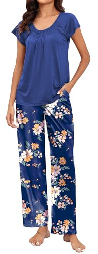 Famulily Damen-Pyjama, Raglan-Pyjama, kurze Ärmel, U-Boot-Ausschnitt, plissiertes Oberteil und Hose, weites Bein, Blumenmuster mit Kordelzug, Taschen, S-2XL, königsblau, XXL