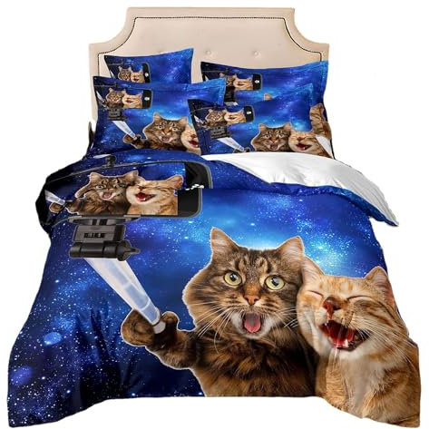 ZZTBQ Blau Galaxie Sternenhimmel Katzen Bettwäsche für Kinder 135x200 Kinderbettwäsche Bettbezug und Kissenbezug-Set Lustige tierbedruckte Einzelbettwäsche Set