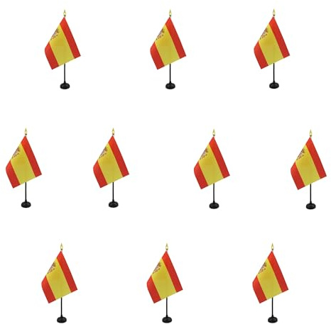 AZ FLAG 10er-Set Tischflaggen Spanien 15x10 cm Kunststoffsockel | Für innen Spanische Tischflagge España genähte Ausführung mit verstärkten Kanten mit Kunststoffstab und goldene Spitze