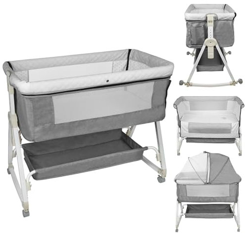 Beistellbett, Stubenwagen Babybett, mit Wickeltisch, Aufbewahrungskorb und Höhenverstellbar, Tragbares Kinderbett,Verstellbares Tragbares Bett für Säuglinge/Neugeborene (Grau, Mit Wickeltisch)