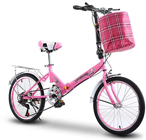 Fahrrad 20 Zoll 6-Gang-Faltrad, niedriger Einstieg durch Stahlrahmen Faltbares Kompaktfahrrad mit Gepäckträger und Tragetasche für Erwachsene, Pink-A