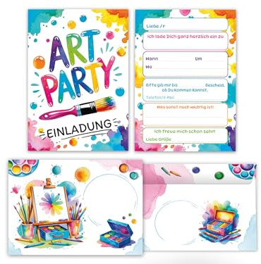 Junaversum 12 Einladungskarten inkl. 12 Umschläge zum Kindergeburtstag Art Kreativ-Party Malparty Kunst Basteln DIY Künstlerparty Mädchen Kinder Einladungen Geburtstag Geburtstagseinladungen Kids