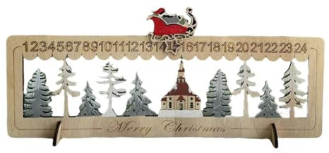 Calendario dell'Avvento in legno intagliato con luci a LED e casa sull'albero