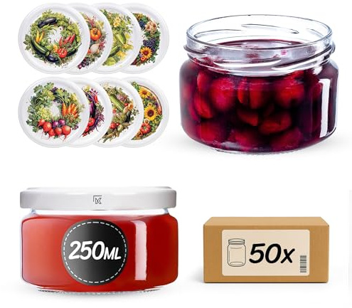 KADAX Lot de 50 bocaux en Verre 250ml Ø82 – Couvercle Twist-Off hermétique TO82 – pour confitures, conserves, cornichons, Miel & Fermentation