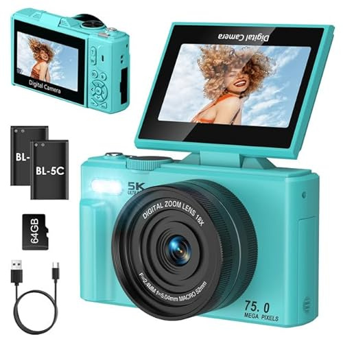 LAMA Appareil photo numérique, mini appareils photo numériques 4K 64 MP avec carte SD 64 G, appareil photo compact 3,0 pouces 180 °, zoom 18x, appareil photo numérique pour enfants, adolescents