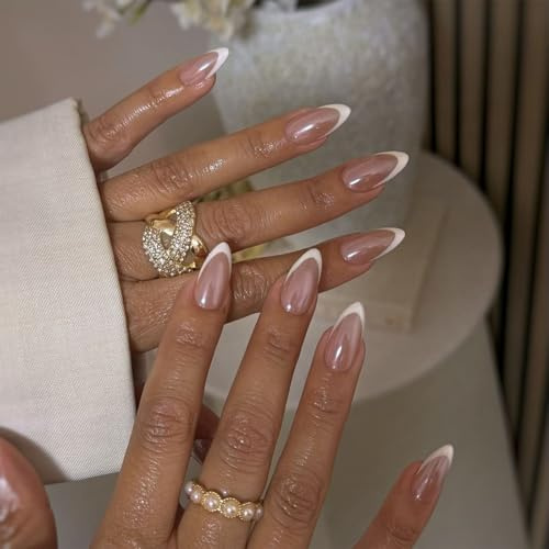 French Tip False Nails - 30Pcs Short Almond Press on Nails - Elegant White French Tip Nails Chrome Effect - Reusable Short Fake nails Almond, Mermaid