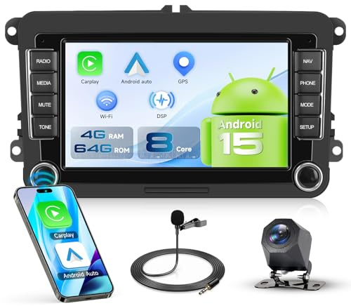 VECHTEL Autoradio 8 Kern Q-Snapdragon 4+64G Android 15 für VW Golf 5 6 Passat Jetta Caddy EOS T5 Tiguan Touran CC Polo, 7'' HD Touchscreen mit Carplay Android Auto GPS WiFi DSP Bluetooth FM/RDS Kamera