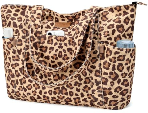 Lekespring Tote Bag stor strandväska för kvinnor, shopperväska, laptopväska med 17 tums laptopfack, snygga axelväskor för arbete skola, Leopardmönster, S