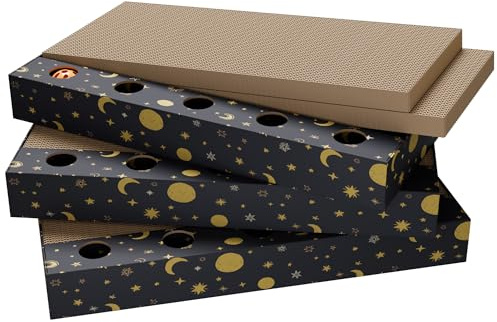 Adolug 6-Pack Cat Scratcher Cardboard with 3 Box Loungers, Reversible Cat Scratching Pad Refills with Bell Toys, High Density Corrugated Scratch Board for Indoor Cats (Starry Night Design)