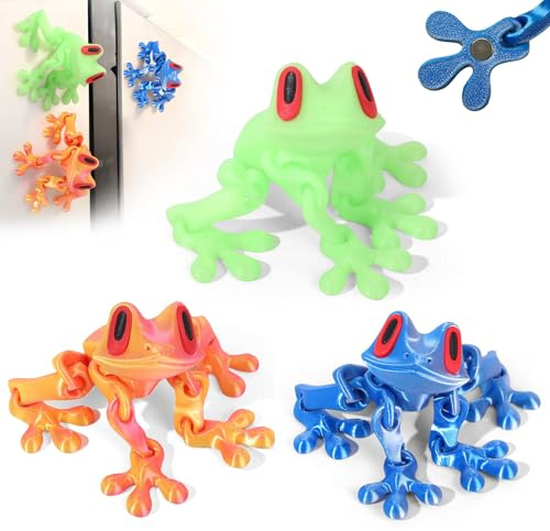 Kenmohuo 3Pcs 3D Printed Frog (8inch), Realistic Jointed Jumping Frogs Model, Cute 3D Printed Animals Frog Decoration for Fridge and Metal Surfaces