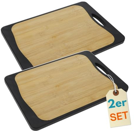 2er Set Schneidebrett Kunststoff und Bambus 2in1 Schwarz | Anti-Rutsch, Rutschfest, Mit Griffloch