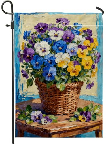 Bandera de jardín de pensamiento, floral vibrante para mesa de cesta azul de doble cara de arpillera pequeña para jardín, patio, césped, porche, balcón, 12 x 18 pulgadas