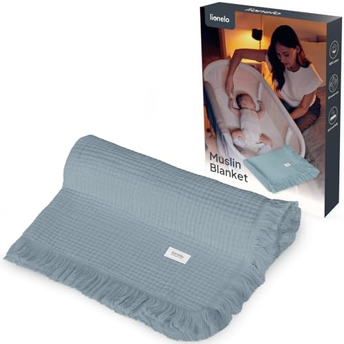 Lionelo Muslin Blanket Babyfilt med Fransar 70x100 cm, 6 Lager 100% Bomull | Supermjuk & Andningsbar Helårsfilt för Nyfödd, Barnvagn och Spjälsäng, Tvättbar 30 °C, Perfekt Present till Nyfödda