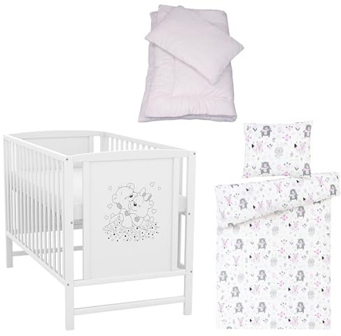 Generisch Baby-Delux Babybett 60x120 cm Mia Kinderbett Komplett Set weiß Matratze Bettwäsche (Waldtiere rosa)