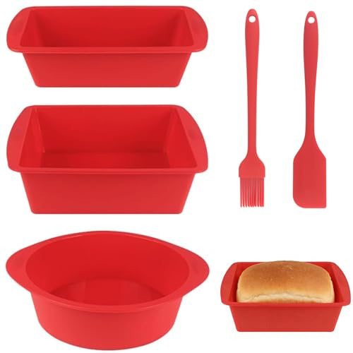Sxingh Silikon Backformen Set 3 Stück mit Ölpinsel & Spatel, Rot | Lebensmittelecht, Antihaft, Kastenform & Rundform, Hitzebeständig, Für Kuchen, Brot, Quiche, Gebäck & Toast