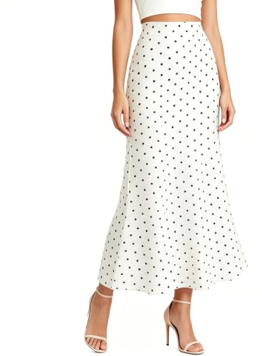 Supcomsta Women's Polka Dot Midi Skirt, High Waist Stretch A-Line Bohemian Summer Casual Ladies Midi Skirt, Soft Breathable Elastic Waist Skirts for Women UK (UK, Alpha, S, Regular, Regular, White)