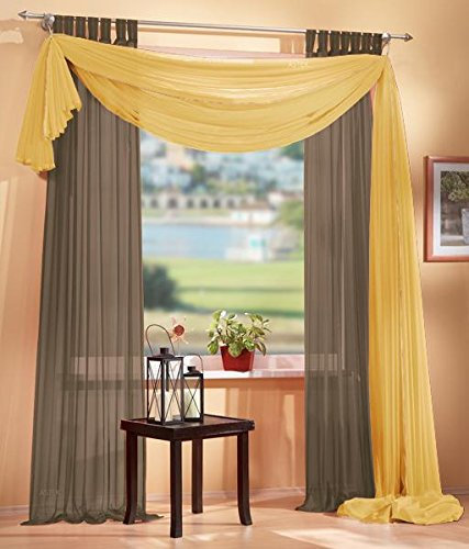 Gardinen Set, 2 x Schlaufenschal Voile, transparent, 245x140, Nougat, 1 x Voile Querbehang, Freihanddeko, 140x600, Gelb, 61000560