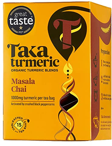 Taka Turmeric, Tea Bags with Turmeric & Black Peppercorns, Caffeine Free Detox Tea, No Added Flavourings, Recyclable Packaging (Coconut, Turmeric Masala Chai)
