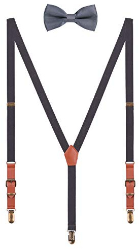WANYING Herren 2cm Hosenträger Fliege Sets - PU Leder 3 Retro Messingartige Clips Y Form Hosenträger Elastisch Verstellbar für Körpergröße 140-190cm
