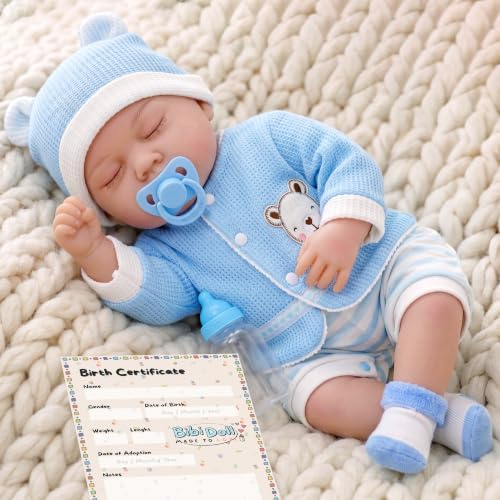 BiBi Doll Reborn 20 Periwinkle Lifelike Sleeping Baby with Dummy, Birth Certificate & Bottle - Realistic Newborn Baby Dolls for Girls & Collectors, Soft Vinyl & Fabric, Blue Outfit