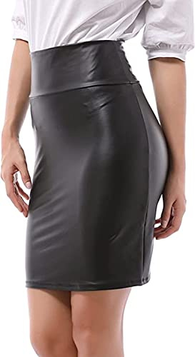 Gonna al ginocchio da donna effetto pelle - Wetlook Stretch Rock Nero L