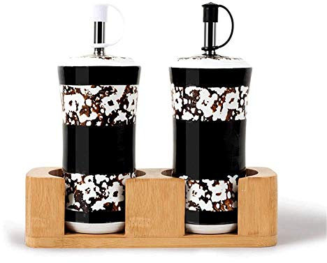 AILZNN 2pcs Olive Oil & Vinegar Bottles with Stainless Steel Pourers, Ceramic Oil Bottle Kitchen Oil Container Sauce Cruet with Wooden Stand, 300ml