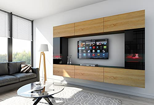 Furnitech Wohnwand Wohnzimmer - Wohnzimmer Möbel mit LED Blau - Hängend Wohnwand Modern Schrankwand mit Regale und TV Schrank (Future C29-HGM-BD-47 1B)