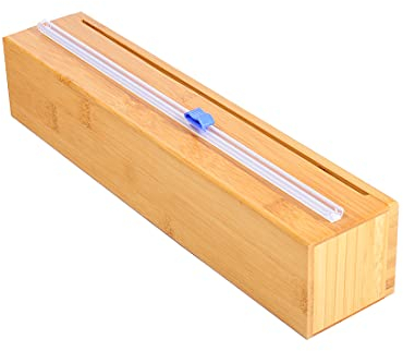 Dsnirasy Bamboo Wood Plastic Wrap Dispenser with Slide Cutter Also for 12 inch Aluminum foil, Parchment Paper, Cling Wrap Dispenser Sturdy and Reusable(12inch with Slide Cutter)