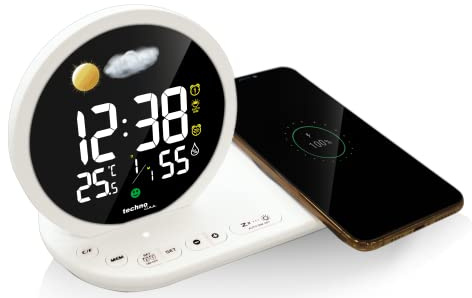 Technoline WT 427 LED Wecker mit Wireless Charging & USB-Ladeanschluss – Digitaler Qi Funkwecker mit Wettervorhersage, Temperatur- & Luftfeuchtigkeitsanzeige, Doppelalarm, Snooze & Dimmer