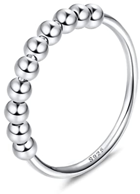 JeweBella 925 Sterling Silber Ring Damen mit Beweglichen Perlen Band Ring Dünne Stapelbare Ringe Frauen Daumenring Fingerring Schmuck Geschenk für Mama Tochter mit Ringmaßband