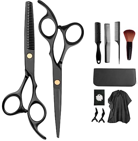 Hair Cutting Scissor - 12 Piece Stainless Steel Hair Cutting Scissors Set ，Hairdressing & Thinning Shears, Barber Cape, Comb, Clips