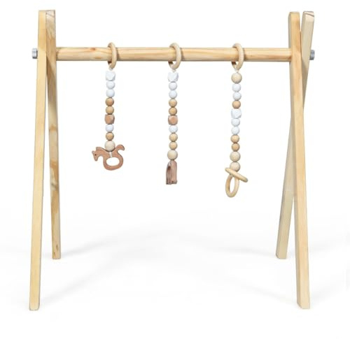 LIFEZEAL Spieltrapez, Spielbogen Baby Holz, Babyspielgerät mit 3 Spielzeugen, Holzspielzeug baby, Baby Turnhalle klappbar, Spieltrapez für Babys ab 3 Monate, Babyzimmer Kinderzimmer (Natur)