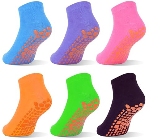 GRPSKCOS Calcetines antideslizantes para niños, 6 pares de calcetines antideslizantes para cama elástica con agarre pegajoso, calcetines transpirables para niños y niñas de 2 a 13 años