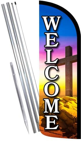 Vista Products Welcome - Church Cross Premium Windless Feather Banner Flag Kit (Flag, Pole, & Ground Mt)