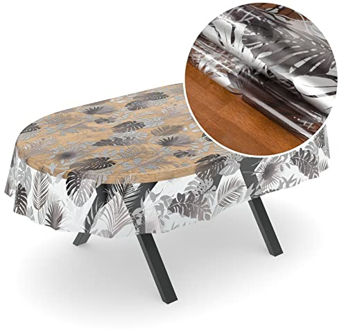 Tischdecke transparent Folie durchsichtige Wachstuchtischdecke Tischschutz Schutzfolie Tischfolie Bedruckt Motiv 0,15mm Blätter Silber Grau Oval 140 x 280cm Schnittkante Rund Oval Eckig