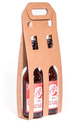 Pack 25 unidades - Expositor 2 botellas de cerveza - color marrón. Portabotellas de cartón. Esuche para botellas ideal tamaño 33cl con ventana troquelada y asa. Caja cartón para cervezas