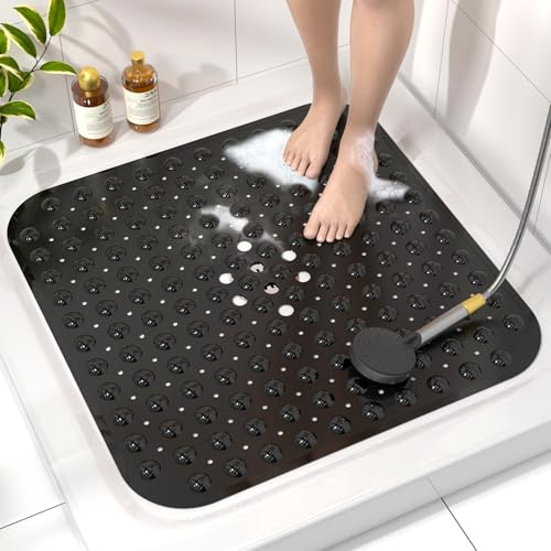 HITSLAM Duschmatte rutschfest, 53x53cm Antirutschmatte Dusche mit Saugnäpfen, Badewannenmatte rutschfest BPA Frei, Maschinenwaschbar Badematte, Weich auf den Füßen Rutschmatte Dusche, Schwarz