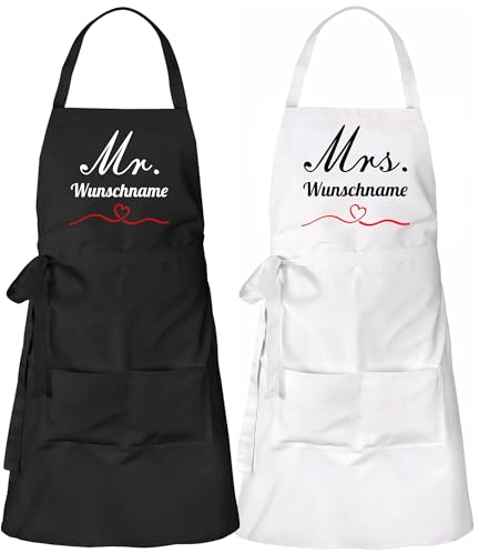 Shirtoo 2 Kochschürzen Mr. and Mrs. mit Wunschnamen - eine tolle Geschenkidee für Partner und Paare oder zur Hochzeit, Küchenschürze schwarz, Name in weiß