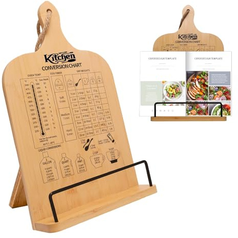 Femicgal Cookbook Stand for Kitchen Counter, Bamboo Cookbook Holder, Foldable Cook Book Holder, Adjustable Recipe Book Stand, Cook Book Stand with Measurement Conversion Chart
