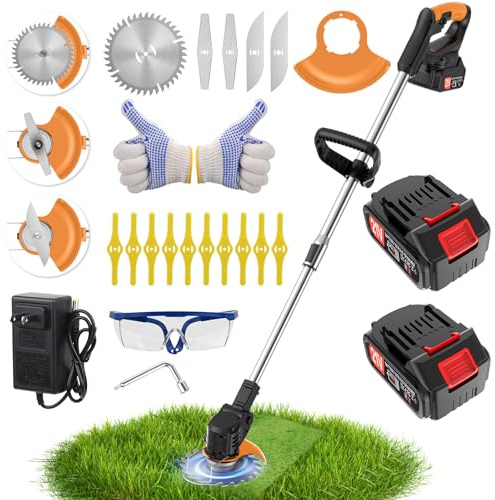Electric Weed Wacker Cordless stringless,Grass Trimmer,with 2 Batteries, 1 Charger, 3Types Blades, Weed Wacker Eater Battery Powered Lightweight Battery Weed Trimmer for Yard and Garden