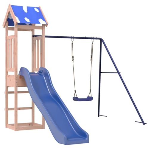 vidaXL Play Tower, Climbing Frame with Roof Wave Slide Swing, Children's Climbing Tower Play Accessories for Garden, Wooden Playground Playhouse, Solid Wood Douglas Fir