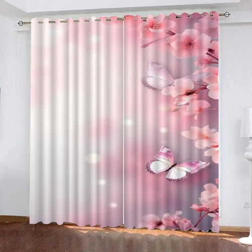 AASIRA Schmetterling Blume Vorhänge Blickdicht 2er Set 3D Rosa Verdunkelung Vorhang mit ösen Polyester Schalldichte Kinder Gardinen für Wohnzimmer Schlafzimmer Balko（2 x B110 x H215 cm）
