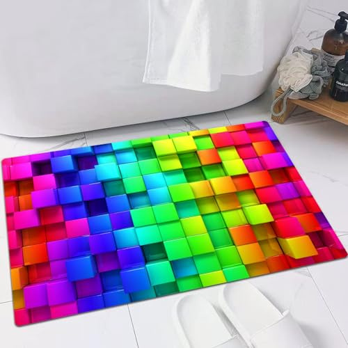 EMFSLA rutschfest Badezimmer Badeteppiche,Weich Hochflor Saugfähig Badvorleger Waschbar Flauschige Mikrofaser Badematte,Regenbogen aus bunten Kisten,40x60 cm