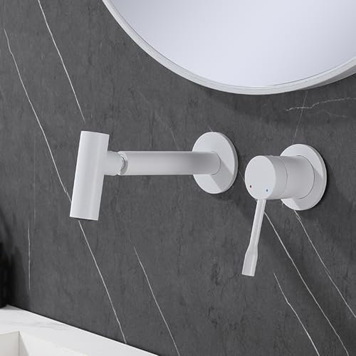 BiaoTeng Concealed Bathroom Sink Tap 2 Holes Hot and Cold Brass 360° Rotation Faucets for Bathroom Taps Wall Mount White