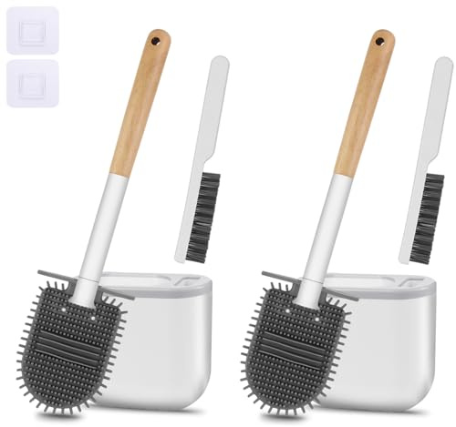Cetthoofazay Lot de 2 brosses WC en silicone avec tête plate et flexible, avec montage mural sans perçage, brosse WC avec brosse à joints multifonctionnelle, base avec rainures d'aération (couleur