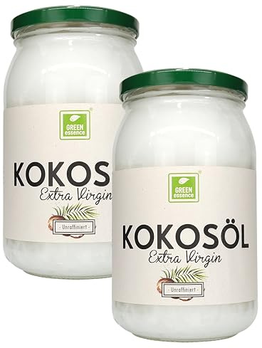 Kokosöl Kaltgepresst Nativ im Glas 2x 900ml Kokosnussöl von Green Essence | Kokosnuss duftendes Öl, Im Bügelglas, Zum Kochen Backen, Körperpflege, natürlich unraffiniert Extra Virgin Kokos öl, 2x 900ml