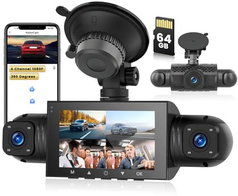 Inefala Dash CAM Coche con 4 Camaras 360° 1080P Delantera Trasera Izquierda Derecha Tarjeta SD de 64GB, Camara Coche Grabadora con Grabación en Bucle Sensor-G Visión Nocturna Asistencia de Respaldo