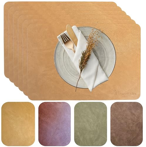Amber&Bee Lederoptik Platzsets 6er Set, Cognac Brown - Cognacbraun | Weich, flexibel, abwischbar, wasserabweisend, für Alltag & Gäste