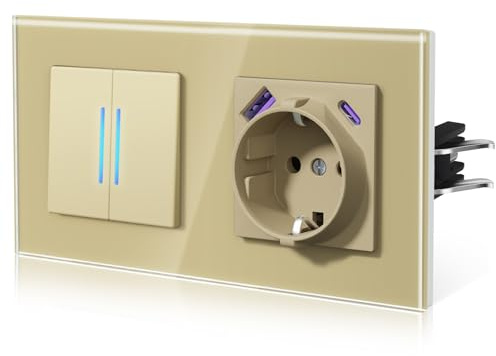 BSEED Interrupteur avec prise USB C 20W, prise murale de charge rapide avec apprêt, interrupteur avec griffe, nouvelle série E, 2 Gang 2 voies, or 157mm